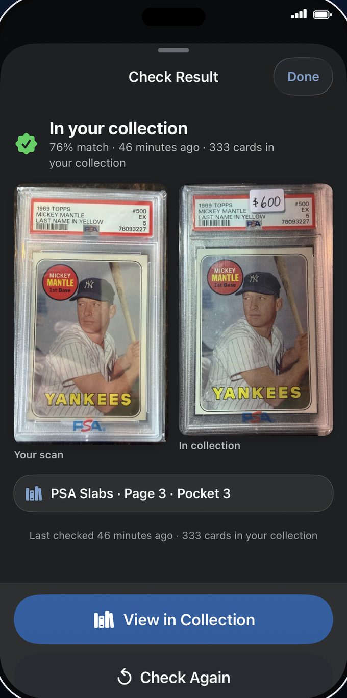 Duplicate check result with binder, page, and pocket