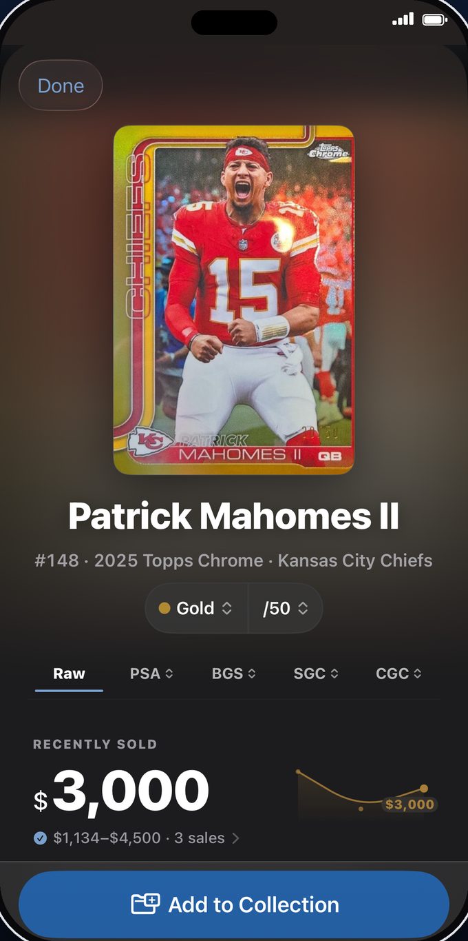 BinderIQ card detail: a 2025 Topps Chrome Patrick Mahomes II Gold parallel numbered to 50, showing a $3,000 recently sold price across three sales